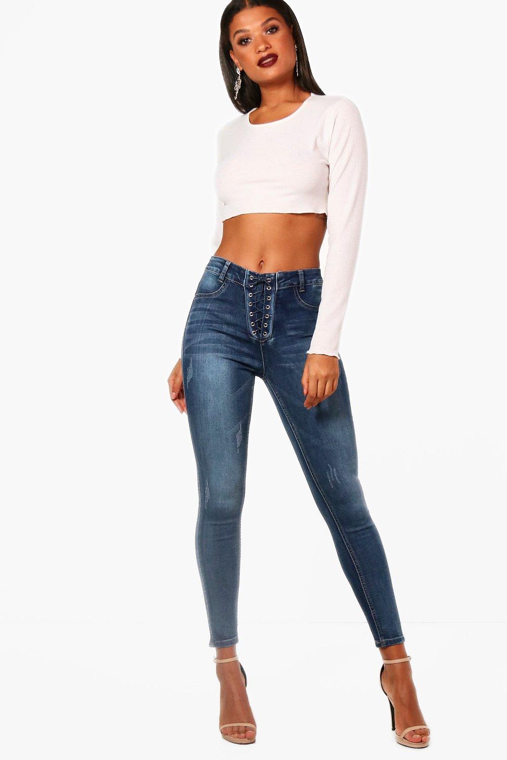 Tie up store high waisted jeans